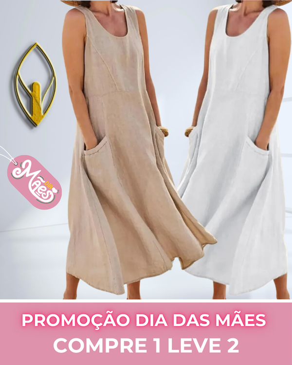 COMPRE 1 LEVE 2 - Vestido Soltinho de Linho com Bolsos